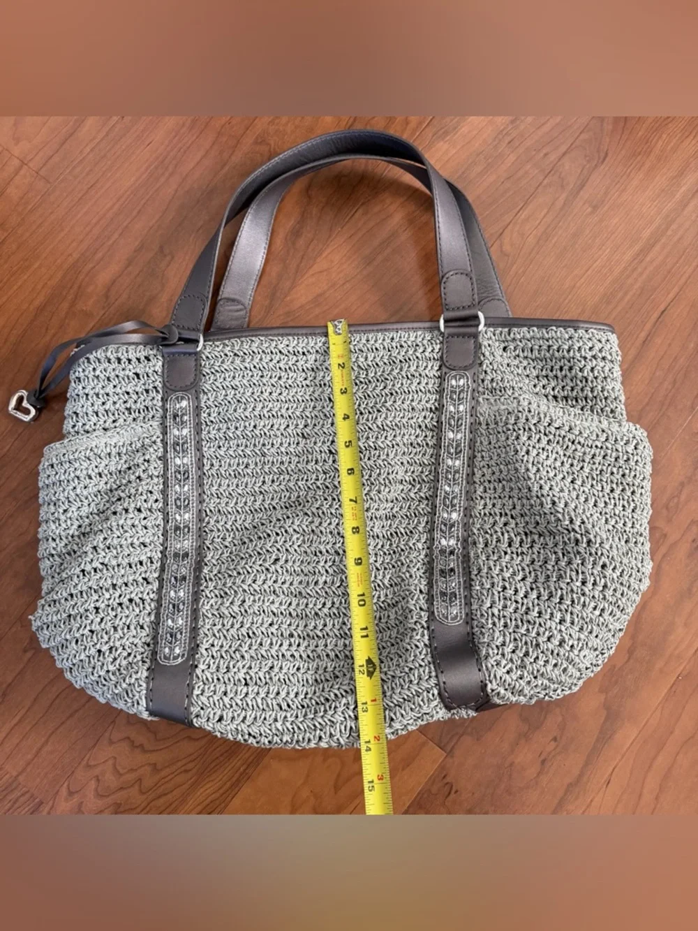 Brighton Aria Anju XLStraw Woven Leather‎ Carryall Pewter Gray Tote Shoulder Bag